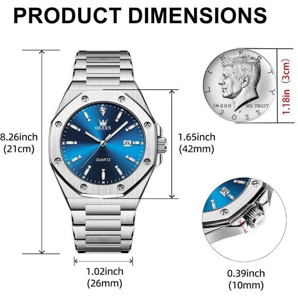 Olevs Men's Silver Blue Stain Steel Man Watch with Date Luminous Stylish Watch - Picture 4 of 6